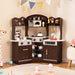 Wooden Corner Play Kitchen – Brown | Lights, Sounds, Coffee Machine and Storage COSTWAY - Little and Giant Explorers Costway
