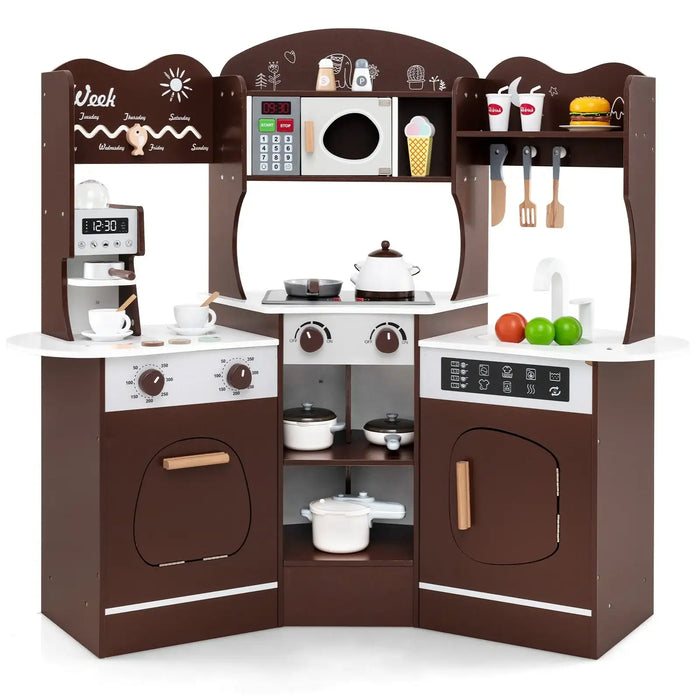 Wooden Corner Play Kitchen – Brown | Lights, Sounds, Coffee Machine and Storage COSTWAY - Little and Giant Explorers Costway