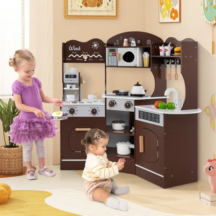 Wooden Corner Play Kitchen – Brown | Lights, Sounds, Coffee Machine and Storage COSTWAY - Little and Giant Explorers Costway