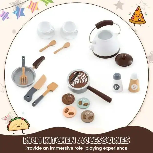 Wooden Corner Play Kitchen – Brown | Lights, Sounds, Coffee Machine and Storage COSTWAY - Little and Giant Explorers Costway
