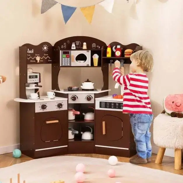 Wooden Corner Play Kitchen – Brown | Lights, Sounds, Coffee Machine and Storage COSTWAY - Little and Giant Explorers Costway