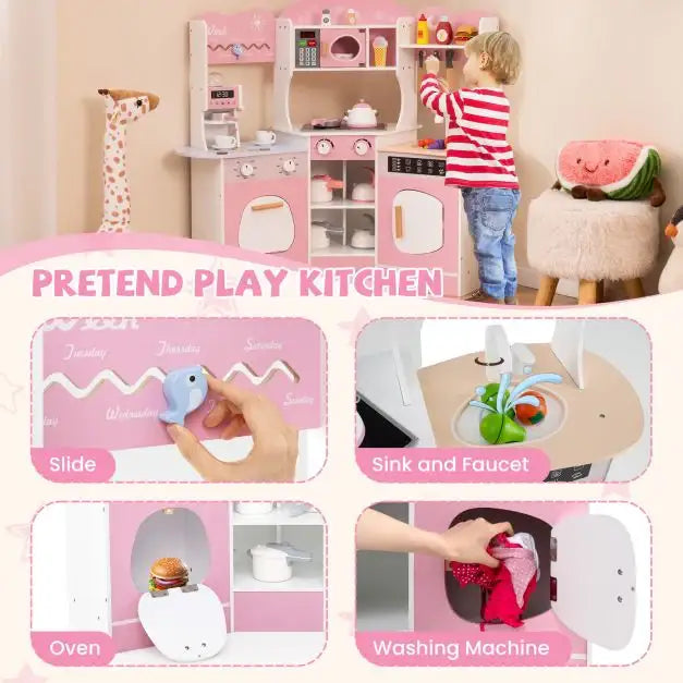 Kids Corner Wooden Play Kitchen | Coffee Machine and Realistic Features (Pink Edition) - Little and Giant Explorers Costway