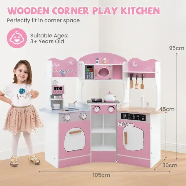 Kids Corner Wooden Play Kitchen | Coffee Machine and Realistic Features (Pink Edition) - Little and Giant Explorers Costway
