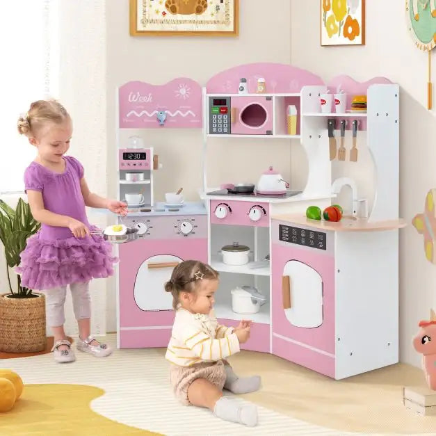 Kids Corner Wooden Play Kitchen | Coffee Machine and Realistic Features (Pink Edition) - Little and Giant Explorers Costway