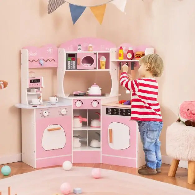 Kids Corner Wooden Play Kitchen | Coffee Machine and Realistic Features (Pink Edition) - Little and Giant Explorers Costway