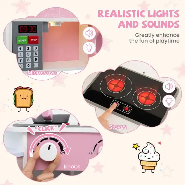 Kids Corner Wooden Play Kitchen | Coffee Machine and Realistic Features (Pink Edition) - Little and Giant Explorers Costway