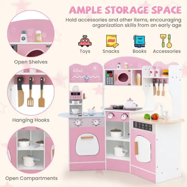 Kids Corner Wooden Play Kitchen | Coffee Machine and Realistic Features (Pink Edition) - Little and Giant Explorers Costway