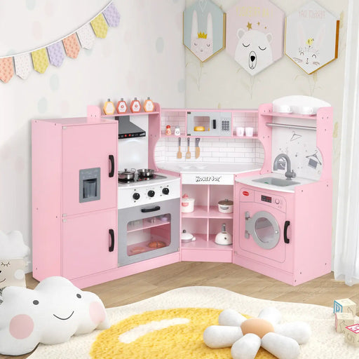 Pink children's play kitchen set in a room with toys and decorations.
