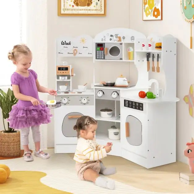Kids Corner Wooden Play Kitchen | Coffee Machine and Realistic Features (White Edition) - Little and Giant Explorers Costway
