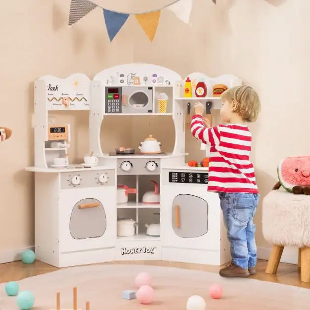 Kids Corner Wooden Play Kitchen | Coffee Machine and Realistic Features (White Edition) - Little and Giant Explorers Costway
