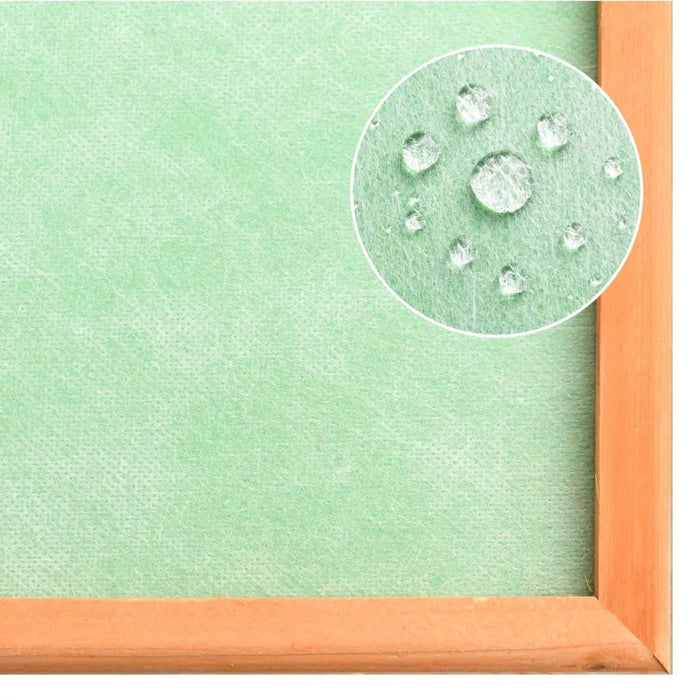 Green water-resistant roof panel with wooden frame and close-up of water droplets