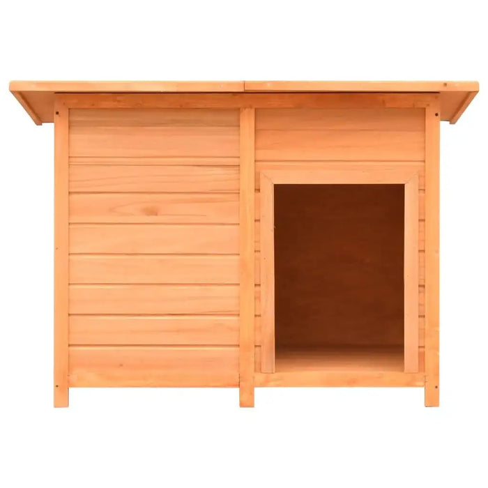 Wooden outdoor dog house made of pine and fir with a flat water-resistant roof