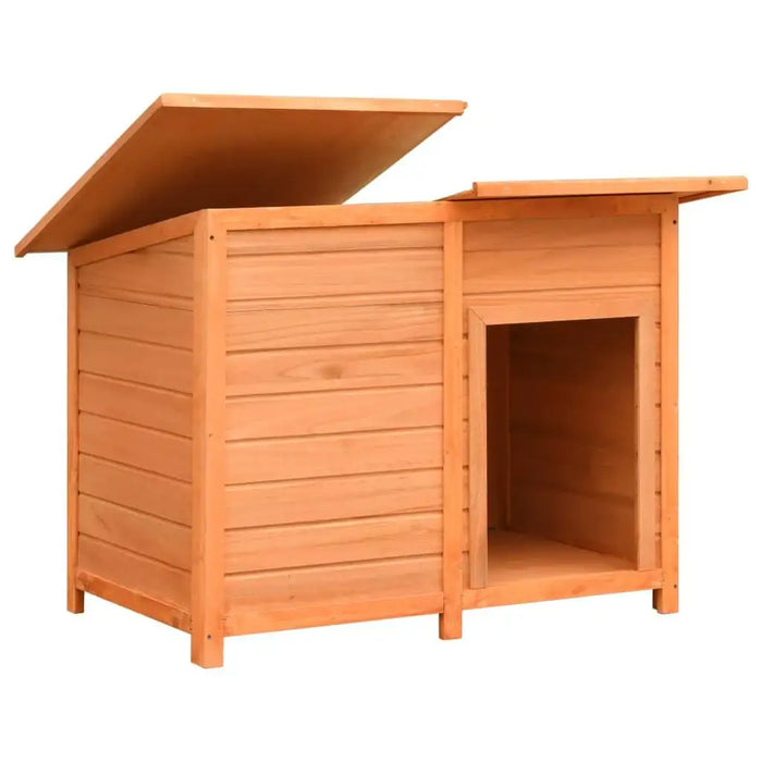 wooden dog house with hinged water-resistant roof and open entrance, outdoor pine kennel