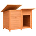 wooden dog house with hinged water-resistant roof and open entrance, outdoor pine kennel