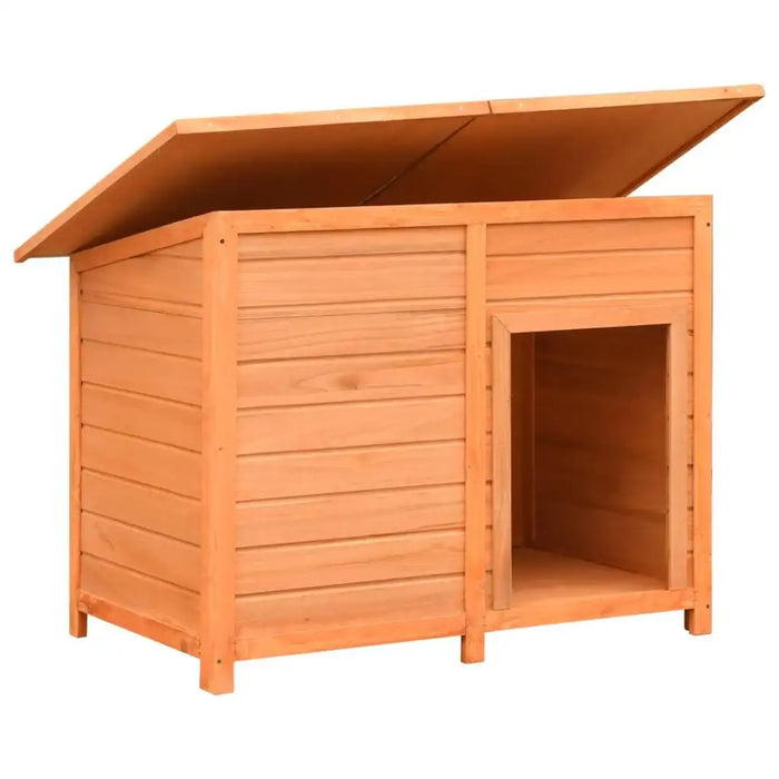 Wooden dog house with angled roof, pine and fir construction, outdoor pet kennel
