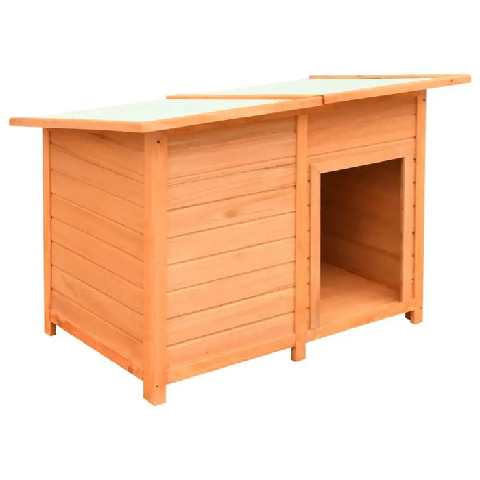 Outdoor wooden dog house with slanted roof made of pine and fir, open entryway.