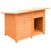 Outdoor wooden dog house with slanted roof made of pine and fir, open entryway.