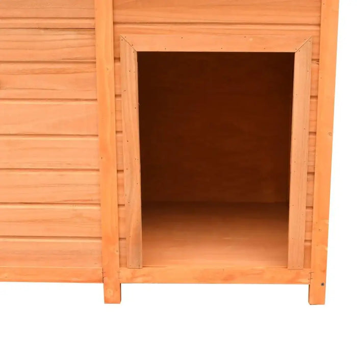 Wooden dog house kennel with open entrance and pine paneling for outdoor use