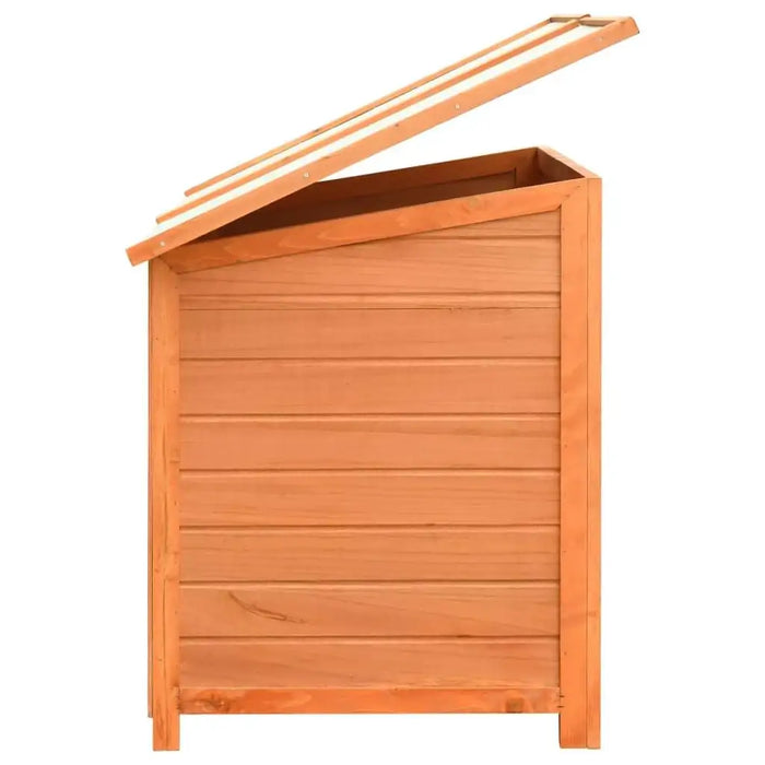 Wooden outdoor dog house with a slanted, open water-resistant roof, pine and fir build