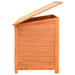 Wooden outdoor dog house with a slanted, open water-resistant roof, pine and fir build