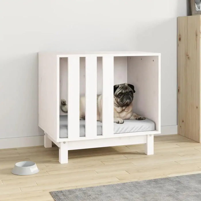 White wooden dog house with minimalist design and small dog inside, on light wood floor
