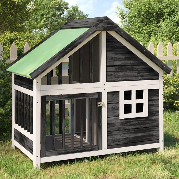 Wooden dog kennel with green water-resistant roof, grey-white frame, and pine wood panels outdoors