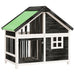Wooden dog kennel with green water-resistant roof, grey and white pine, window, and barred door