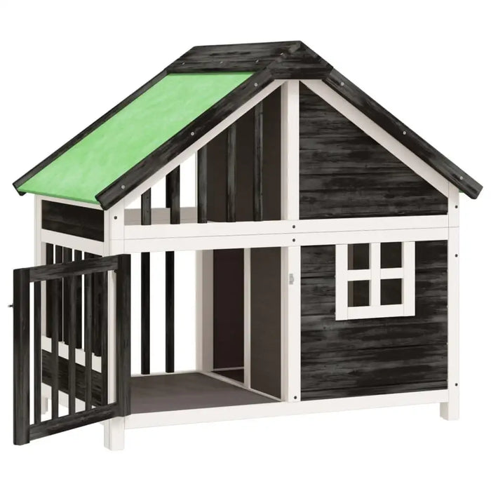 Wooden dog kennel with water-resistant green roof, black and white pine wood, open door