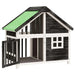 Wooden dog kennel with water-resistant green roof, black and white pine wood, open door