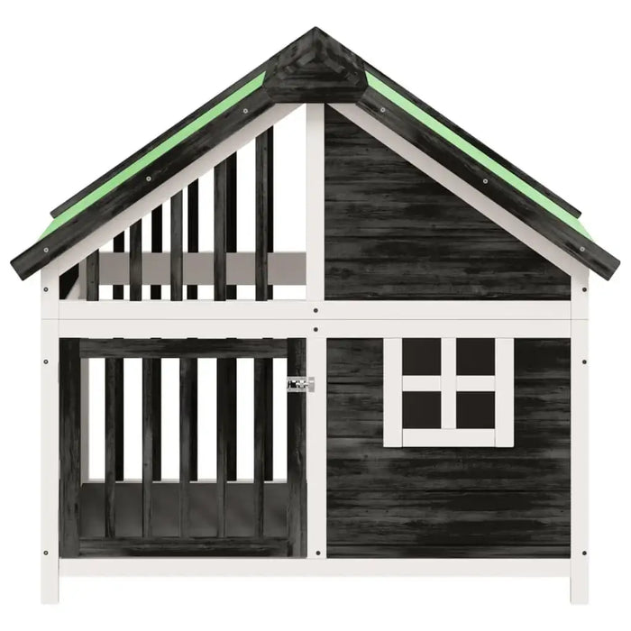 Wooden dog kennel with water-resistant grey, white, and green roof, pine wood, window