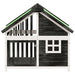 Wooden dog kennel with water-resistant grey, white, and green roof, pine wood, window