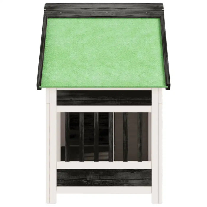 Wooden dog kennel with water-resistant green roof, gray and white pine wood design