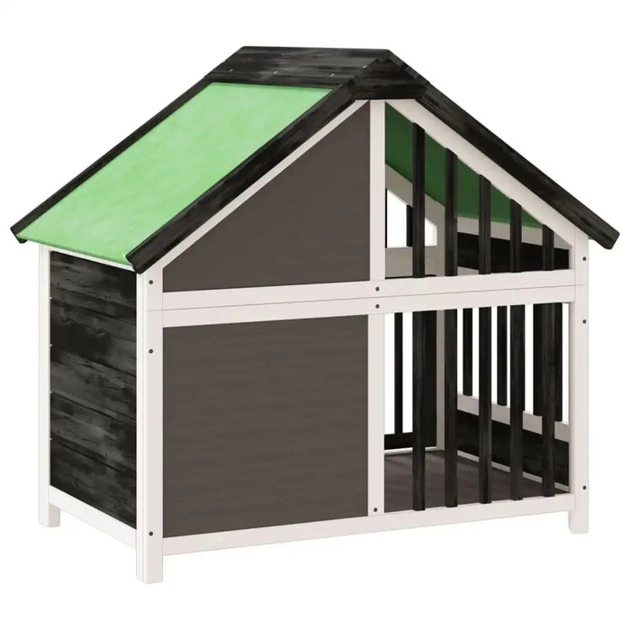 Wooden dog kennel with water-resistant green roof, grey, white, and black pine wood frame