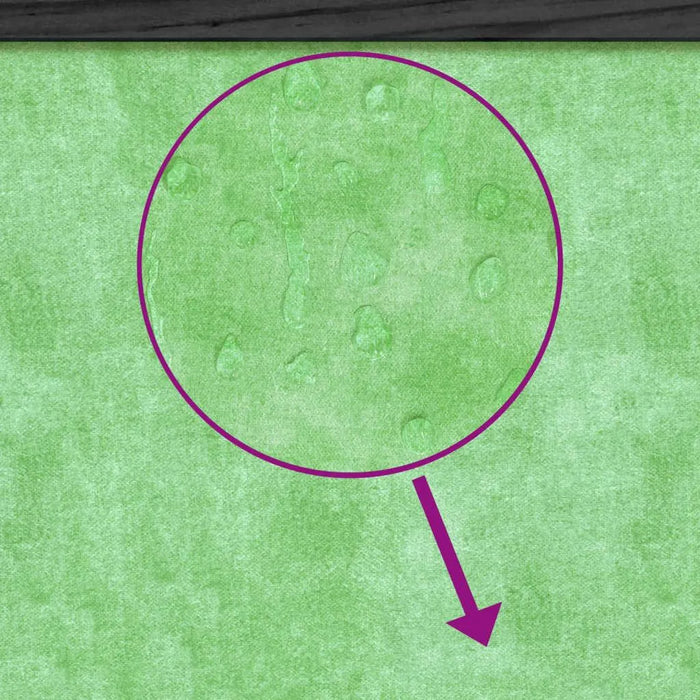 Close-up of green water-resistant roof with magnified water drops, wooden kennel segment