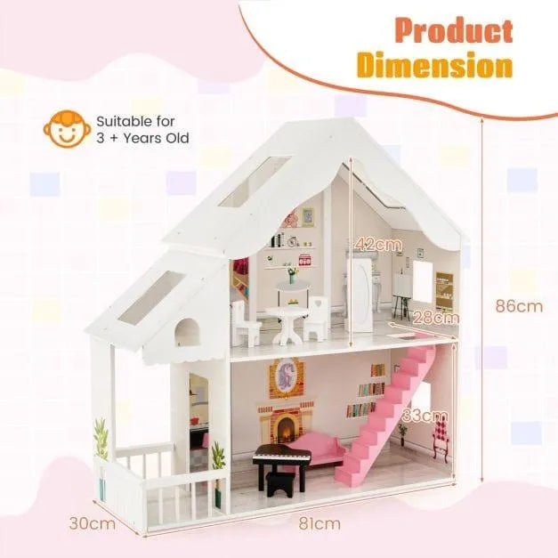 Wooden Dollhouse with Simulated Rooms and Furniture Set - Little and Giant Explorers Costway