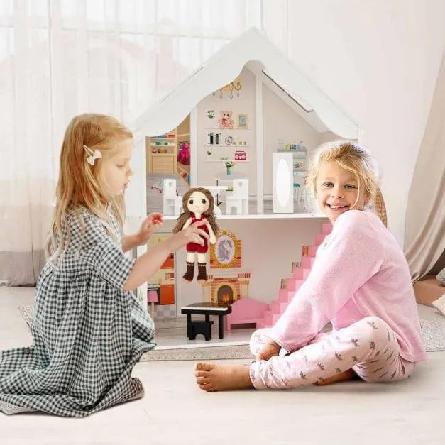 Wooden Dollhouse with Simulated Rooms and Furniture Set - Little and Giant Explorers Costway