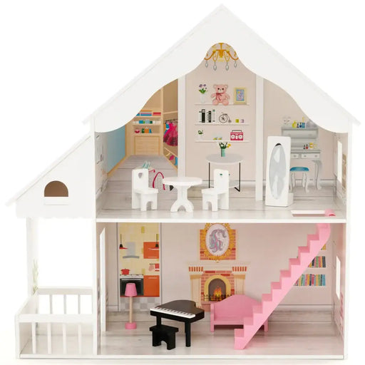 Wooden Dollhouse Playset | 6 Lifelike Rooms with 8 Mini Furniture Pieces - Little and Giant Explorers Costway