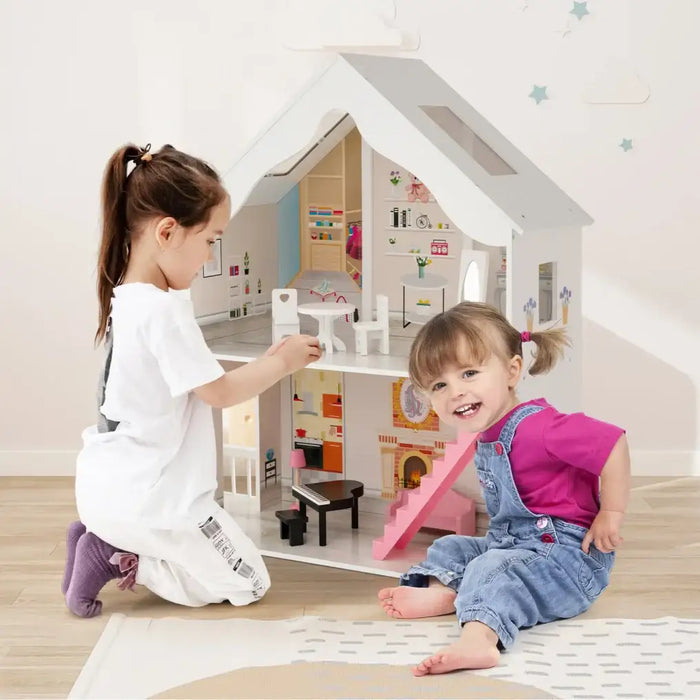 Wooden Dollhouse Playset | 6 Lifelike Rooms with 8 Mini Furniture Pieces - Little and Giant Explorers Costway