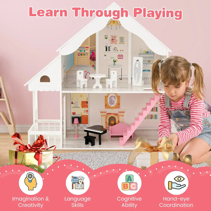 Wooden Dollhouse Playset | 6 Lifelike Rooms with 8 Mini Furniture Pieces - Little and Giant Explorers Costway