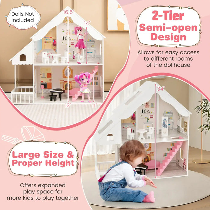Wooden Dollhouse Playset | 6 Lifelike Rooms with 8 Mini Furniture Pieces - Little and Giant Explorers Costway