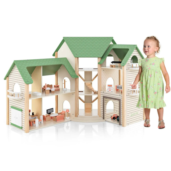 Wooden Dollhouse with 36 Pieces of Furniture and Accessories - Little and Giant Explorers Costway