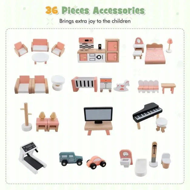 Wooden Dollhouse with 36 Pieces of Furniture and Accessories - Little and Giant Explorers Costway