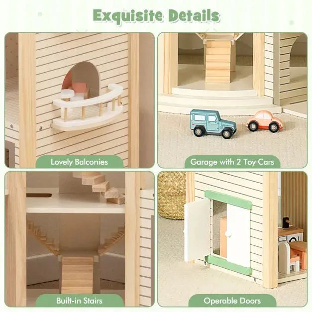 Wooden Dollhouse with 36 Pieces of Furniture and Accessories - Little and Giant Explorers Costway