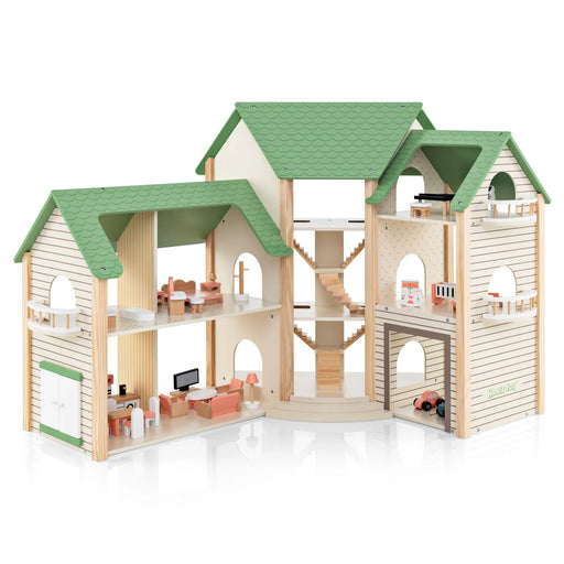 Wooden Dollhouse with 36 Pieces of Furniture and Accessories - Little and Giant Explorers Costway