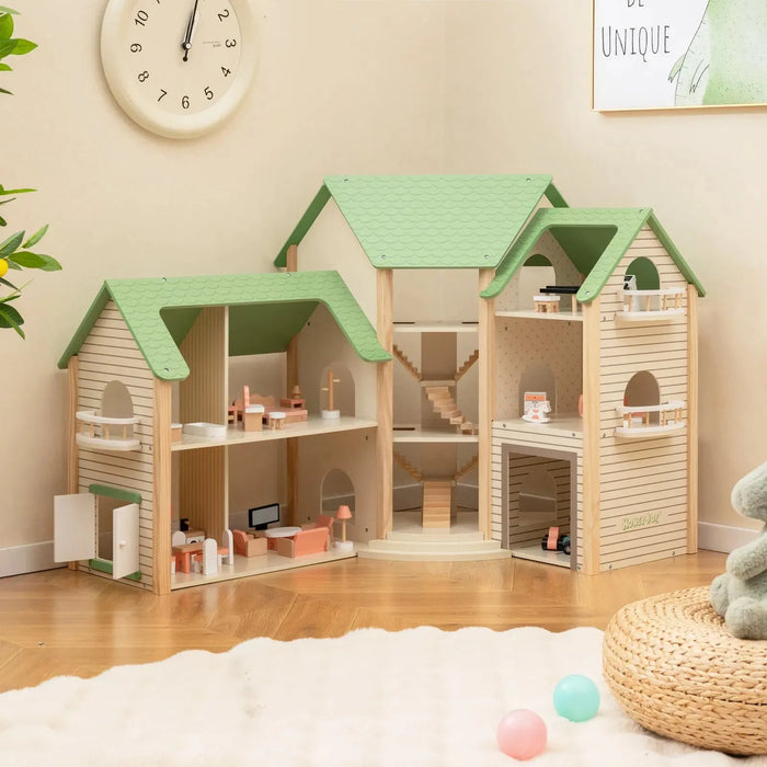 Wooden Dollhouse with 36 Pieces of Furniture and Accessories - Little and Giant Explorers Costway