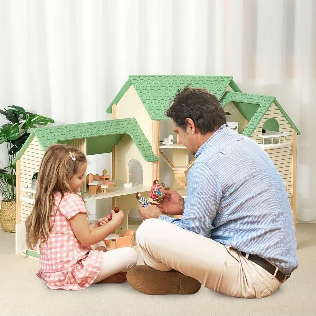 Wooden Dollhouse with 36 Pieces of Furniture and Accessories - Little and Giant Explorers Costway