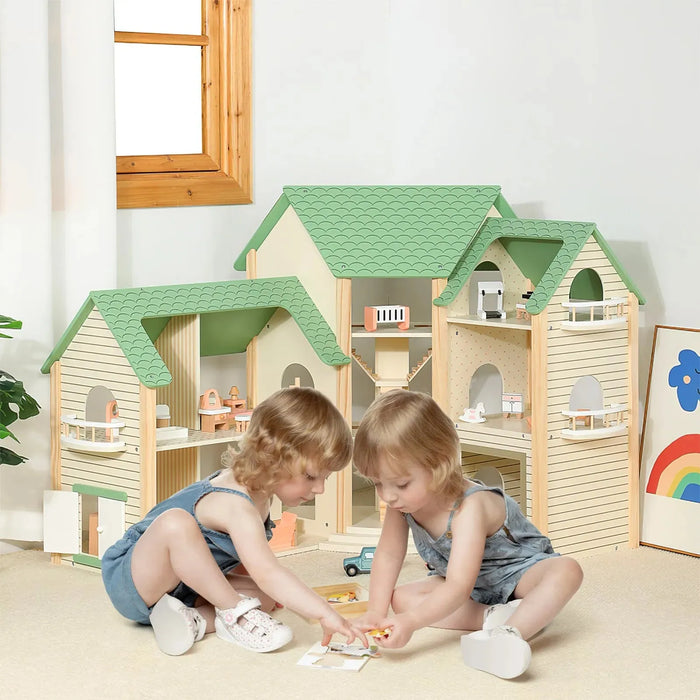 Wooden Dollhouse with 36 Pieces of Furniture and Accessories - Little and Giant Explorers Costway