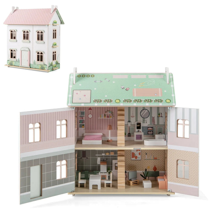 Wooden Dollhouse with Furniture and Accessories - Little and Giant Explorers Costway