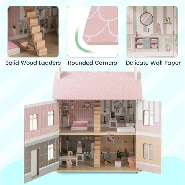 Wooden Dollhouse with Furniture and Accessories - Little and Giant Explorers Costway