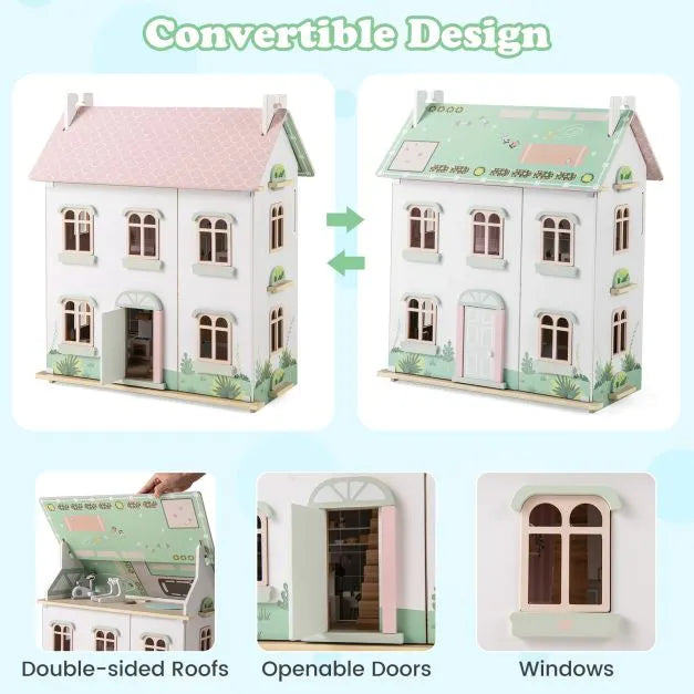 Wooden Dollhouse with Furniture and Accessories - Little and Giant Explorers Costway